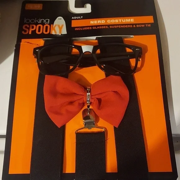 Adult Nerd Costume Black Glasses, Suspenders, Bow Tie NEW - Picture 1 of 5